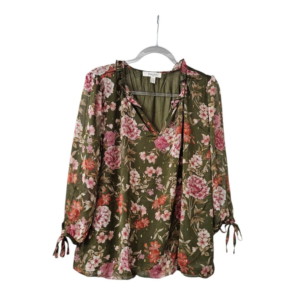 Haver & Blair London Womens XL Blouse Bubble Hem Sheer Overlay Floral Split Neck